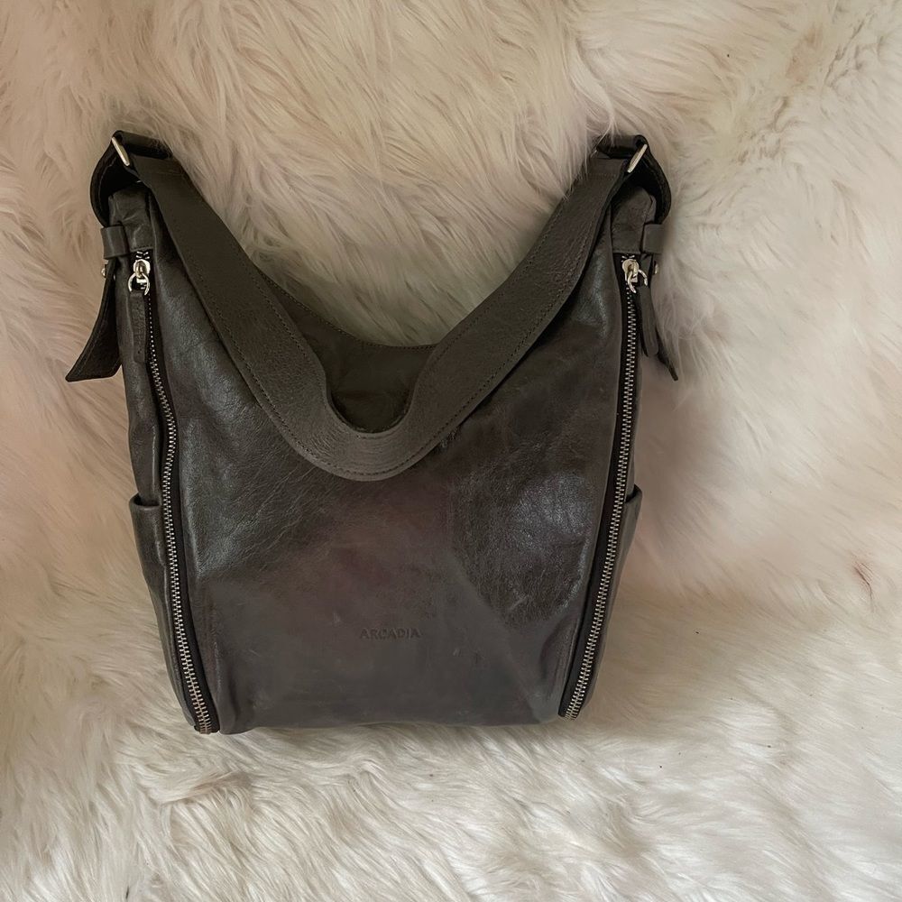 Arcadia gray Italian soft leather shoulder bag with extended silver tone…